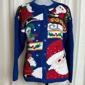 Ashley Petites Vintage Hand-Knit Santa Claus Christmas Cardigan Sweater